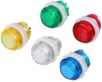 Allecto - LED-verlichte Drukknoppen - 5 Stuks - Transparante Behuizing - Rood Geel Blauw Groen Wit - Spelconsoles - 24mm