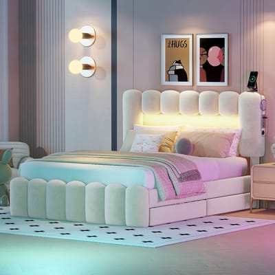Twijfelaar - 140x200 cm - Gestoffeerd Bed met 4 Lades - LED USB en Stereo - Beige
