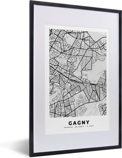 Fotolijst incl. Poster - Plattegrond – Gagny – Stadskaart – Kaart – Frankrijk - 40x60 cm - Posterlijst