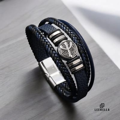 Leerella Blauw Gevlochten Leren Unisex Armband met Cactus RVS Logo – 21 cm
