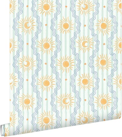 ESTAhome behang zonnetjes mintgroen, blauw en geel - 50 x 900 cm - 132016
