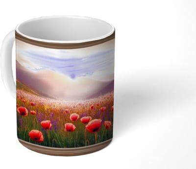 Mok - Koffiemok - Doorkijk - Klaprozen - Bloemen - Rood - Open raam - Mokken - 350 ML - Beker - Koffiemokken - Theemok