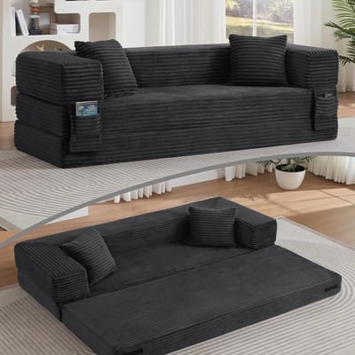 3-Zits Bank, Moderne Corduroy Bank Met Modieuze Uitstraling, Klassiek Vierkant Ontwerp, Tweelaags Uniek Ontwerp, Om Te Bouwen Tot Slaapbank, Compact & Ruimtebesparend, Comfortabel Zitmeubilair, ideaal voor appartementen en grote kamers-Donkergrijs