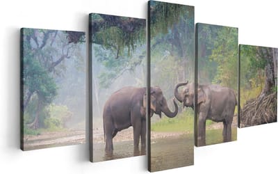 Artaza Canvas Schilderij Vijfluik Twee Olifanten In Het Water - 100x50 - Foto Op Canvas - Canvas Print