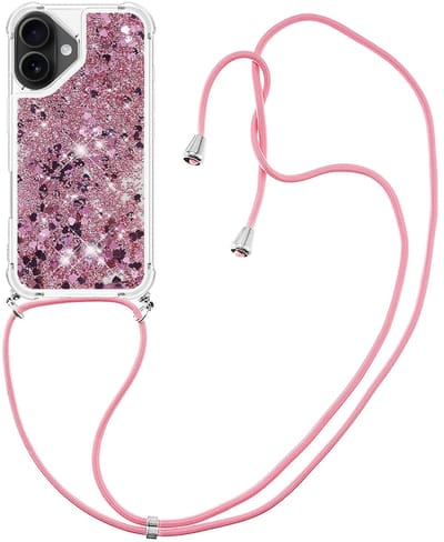 Coverup Hoesje - Geschikt voor iPhone 17 Hoesje - Coverup Liquid Glitter Back Cover met Koord - Rose Gold
