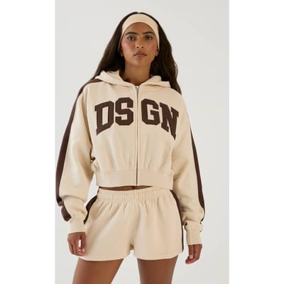 Dames Dsgn Studio Trainingspak Met Zijstreep Boxy Crop Rits Korte Broek | Creme | Maat: XL