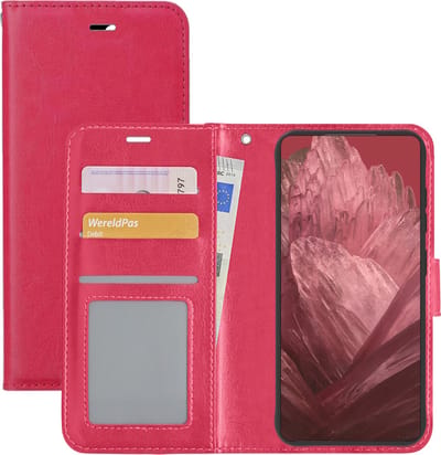 Hoesje - Met Pasjeshouder - Geschikt voor Google Pixel 8a - Luxe Bookcase Portemonee - Flip Case - Kunstleer Book Case - Flipcase - Book Cover - Walletcase - Portemonneehoes - Donkerroze