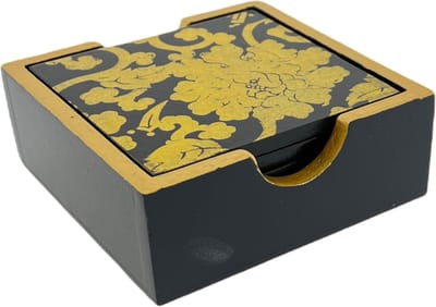 6 Houten Onderzetters Incl. Houder Voor Glazen - 10 x 10 cm - Zwart Met Goud