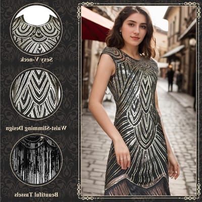 Elegante Flapper Jurk uit de Jaren 20 met Pailletten en Franje, Inclusief Accessoires Set voor Feestjes