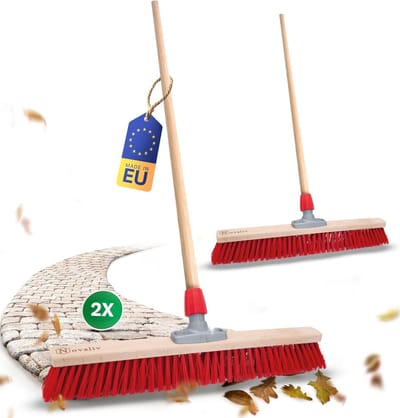 2x straatbezem met steel 80 cm I hout I rood elastaan I grove industriële bezem veegbezem straatbezem brede tuinbezem buitenbezem buitenruimte