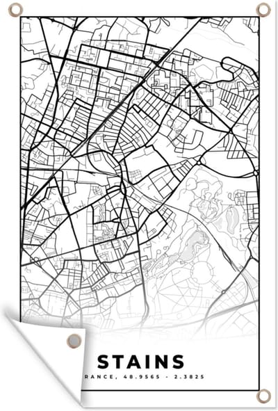 Muurdecoratie Stains - Stadskaart – Plattegrond – Kaart – Frankrijk - Zwart wit - 120x180 cm - Tuinposter - Tuindoek