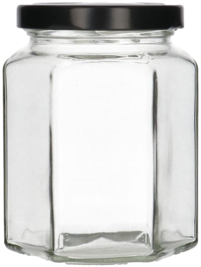 6 x 288 ml zeskantige glazen pot met zwarte schroefdeksel- Hervulbaar - Wasbaar - Opslagcontainer - 6 stuks