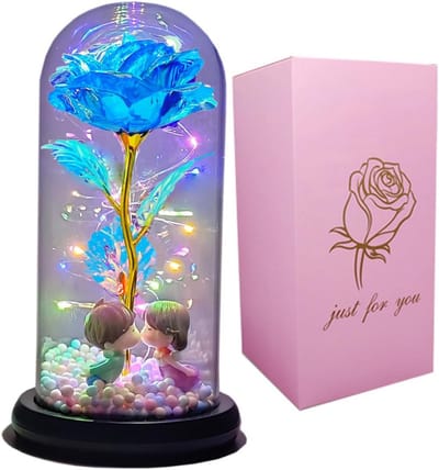 Eeuwigdurende blauwe roos met LED-verlichting onder glazen koepel romantisch cadeau voor haar, vrouw, Valentijnsdag, Moederdag, verjaardag