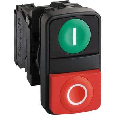 Schneider Electric Harmony double pushbutton complete with Wit i on Groen pushbutton and Wit o on Rood raised pushbutton 1xno + 1xnc xb5al73415