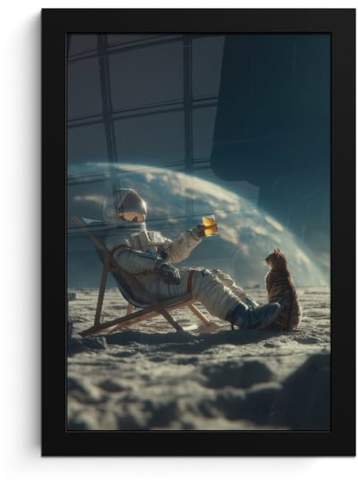 Poster in lijst - Fotolijst 20x30 cm - Posters - Astronaut - Kat - Glas - Stoel - Posterlijst zwart - Decoratie - Wanddecoratie woonkamer - Muurdecoratie slaapkamer