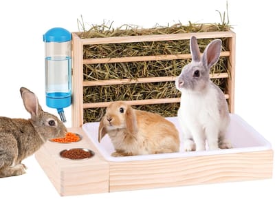 3-in-1 grote konijnenhooivoeder met kattenbakje, houten automatische voeder van hout met 2 kommen voor konijnen, cavia's, chinchilla's, andere kleine dieren