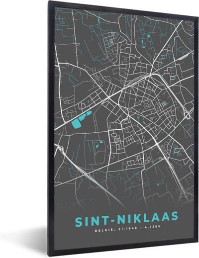 Fotolijst incl. Poster - België – Sint Niklaas – Stadskaart – Kaart – Blauw – Plattegrond - 40x60 cm - Posterlijst