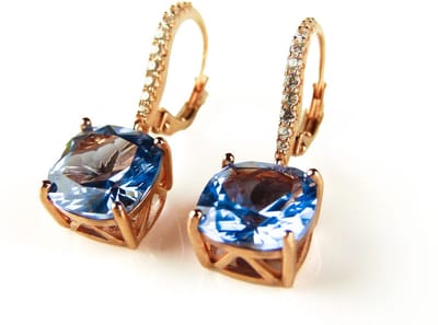 Zilveren oorringen oorbellen met blauwe vierkante steen en cubic zirconia