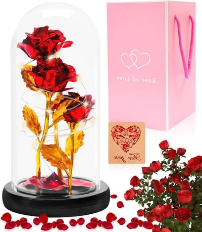 Eeuwige Roos - Glazen Bloemen - Romantisch Cadeau - Met LED Verlichting - 3 Rozen - Rood