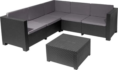 Tuinset-Tuinmeubelen-3-Delig modulaire hoekbankset (3-zits + 2-zits + opbergkoffertafel)-gerecycled kunststof-rattanlook- UV- en weerbestendig- roestvrij-Grafiet.