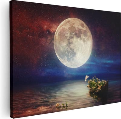Artaza Canvas Schilderij Boot Met Bloemen - 40x30 cm - Klein - Wanddecoratie Zee - Muurdecoratie Maan - Schilderijen Op Canvas Sterrenhemel
