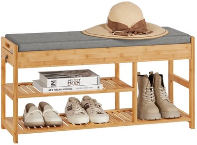 SoBuy FSR47-N Schoenenbank en -kast voor gangen, woonkamers en kantoren, 3 planken, 2 lades, grijs kussen, B 90 x D 30 x H 45 cm