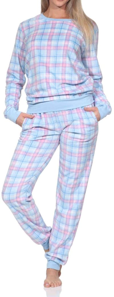 Normann fleece damespyjama met lange mouwen en manchetten in coole look