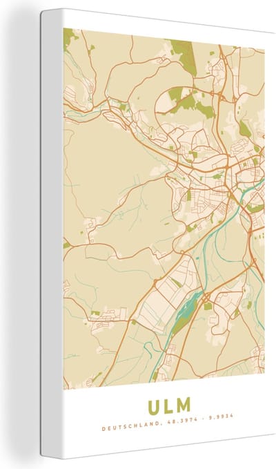 Canvas Schilderij Ulm - Plattegrond - Vintage - Kaart - Stadskaart - 20x30 cm - Wanddecoratie