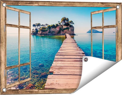 Gards Tuinposter Doorkijk Pad op het Water naar een Grieks Eiland - 60x40 cm - Tuindoek - Tuindecoratie - Wanddecoratie buiten - Tuinschilderij
