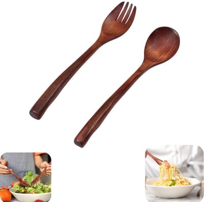 Set van twee bestekstukken - roerlepel - fruitvork - soeplepel - groentevork - houten bestek - keukenhulpmiddelen - geschikt voor fruit, noedels, brood (bruin, meerdere maten)