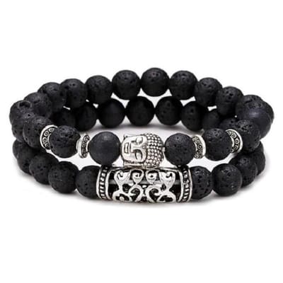 Sorprese armband - Buddha - armband heren - 2-delig - kralen - Zwart Lavastenen - 19 cm - cadeau - Model P