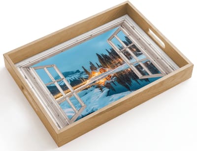 Dienblad hout 40x30 cm - Schootdienblad - Doorkijk - Winterlandschap - Natuur - Huis - Bergen - Borrelplank rechthoek - Plateau dienbladen