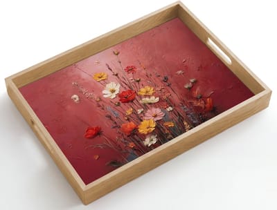 Dienblad hout 50x35 cm - Schootdienblad - Bloemenboeket - Diepte - Tastbare textuur - Borrelplank rechthoek - Plateau dienbladen