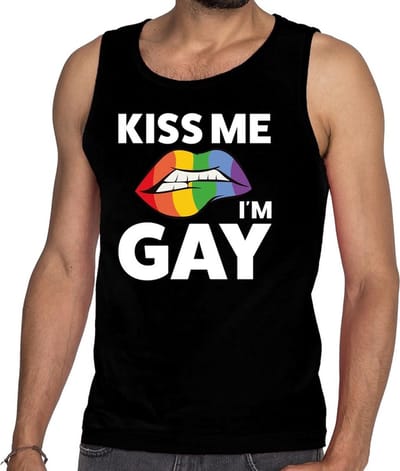 Kiss me i am gay tanktop / mouwloos shirt zwart voor heren - Gay pride kleding S