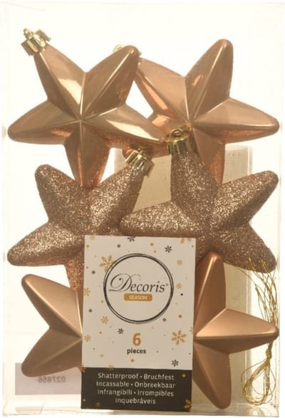 Decoris kersthanger sterren - 6x st - lichtbruin - 7 cm - kunststof - kerstornamenten - kerstversiering
