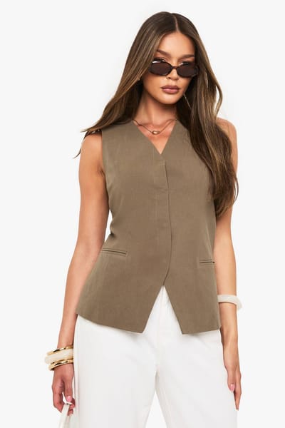boohoo Dames Linnen Longline V-Hals Getailleerde Weste | Kaki | Maat: 40