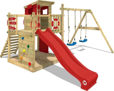 Wickey Smart Camp Speeltoestel - Dubbele schommel met Glijbaan en Speelhuisje - Klimwand & Zandbak - 390x420x237 cm - Rood