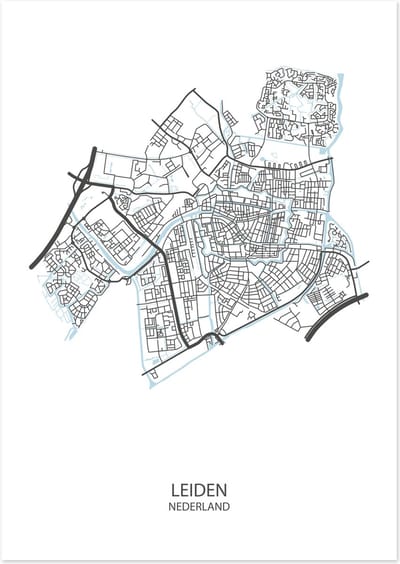 De Lange Koe Poster - Leiden Plattegrond - 42 X 29.7 Cm - Wit