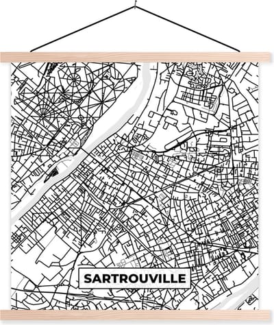 Posterhanger incl. Poster 40x40 cm - Schoolplaat - Sartrouville - Stadskaart - Frankrijk - Kaart - Plattegrond - Zwart wit - Textielposter - Blanke latten - Stadskaart
