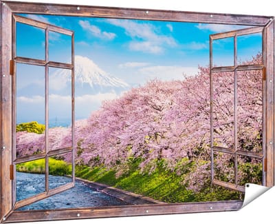 Gards Tuinposter Doorkijk Roze Bloesembomen bij de Fuji Berg - 180x120 cm - Tuindoek - Tuindecoratie - Wanddecoratie buiten - Tuinschilderij