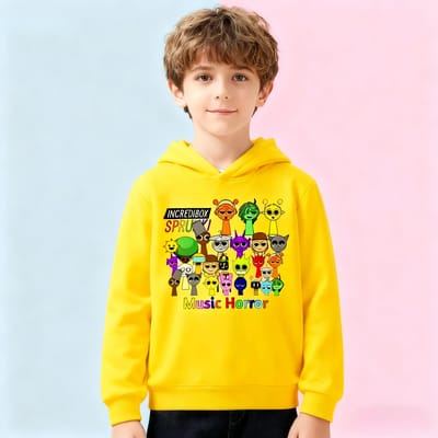 Muziek Ritme Box Cartoon Print Kinder Hoodie, Warme Hoodie voor Herfst en Winter, Comfortabele en Zachte Kinderkleding 140 geel