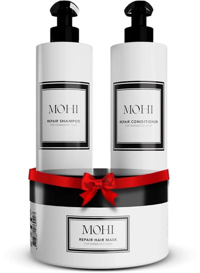 MOHI Intense Repair Set met Shampoo, Conditioner, Haarmasker & Hoofdhuid Massage Borstel - Herstelt droog en beschadigd haar - Voedt, versterkt en laat het glanzen