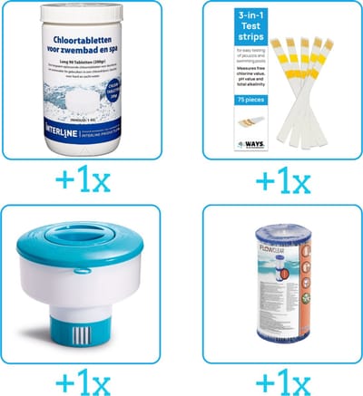 Zwembad Onderhoudspakket - Onderhoud Zwembad - bevat Chloor - Testrips - Chloordrijver en Filter (4-delig)