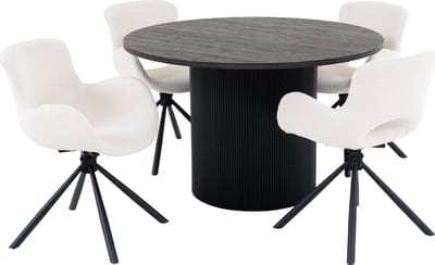 Boavista eethoek eetkamertafel Ø120cm donker bruin en 4 Amorim stoel offwhite.