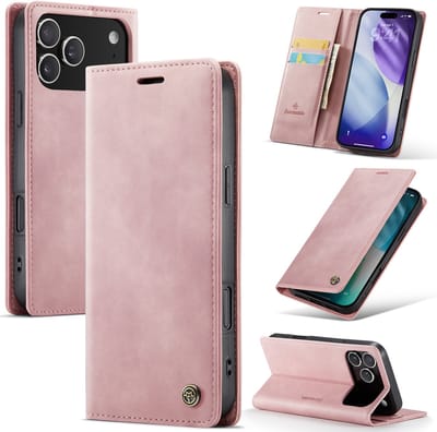 Casemania Hoesje Geschikt voor Apple iPhone 17 Pro - Pale Pink - Luxe Kunstleer Dunne Telefoonhoesje met Pasjeshouder en Standaardfunctie - Slim Wallet Case - Roze