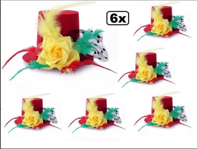 6x Mini hoedje rood/geel/groen roos/veren/gaas
