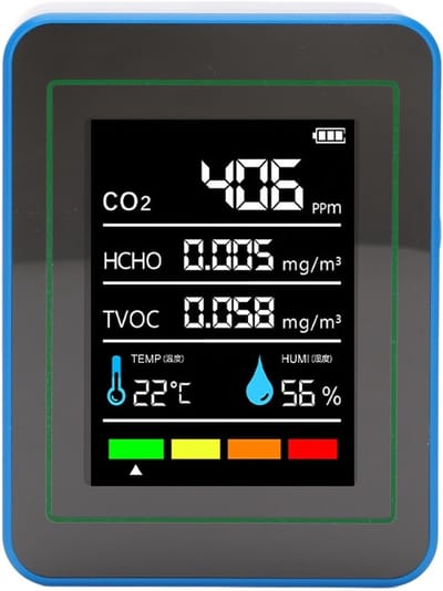 Luchtkwaliteitsmeter - Binnenklimaat Sensor - Gezond Werken - 5-in-1 Meting - Temperatuur Vochtigheid - Wit Blauw
