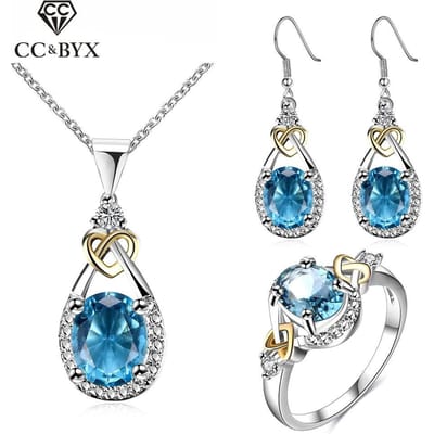 Blauwe Steen Vintage Bruidssieradensets Oorbel en Ketting Zirkonia Trouwsieradensets 925 Zilver Mode gray