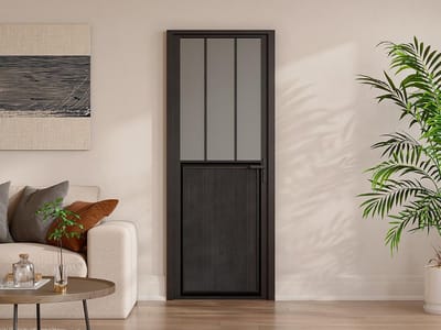 Vente-unique Omkeerbare deur in aluminium en mat gehard glas met atelierstijl - H204 x B73 cm - Zwart - ERMELO