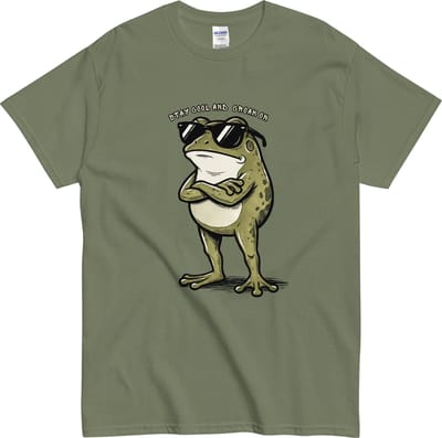 Tshirt Heren Dames met Komische Kikker Print - Stay Cool and Croak on - Kikker Fan Kado - Khaki Groen - S